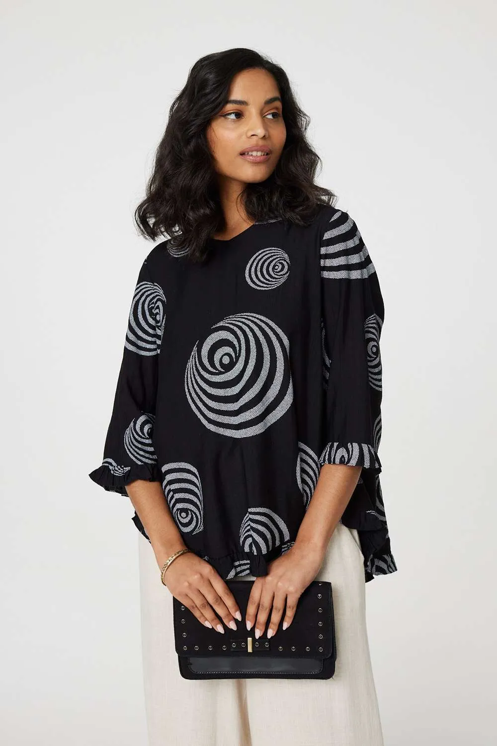 Abstract Print Frill Hem Tunic Top