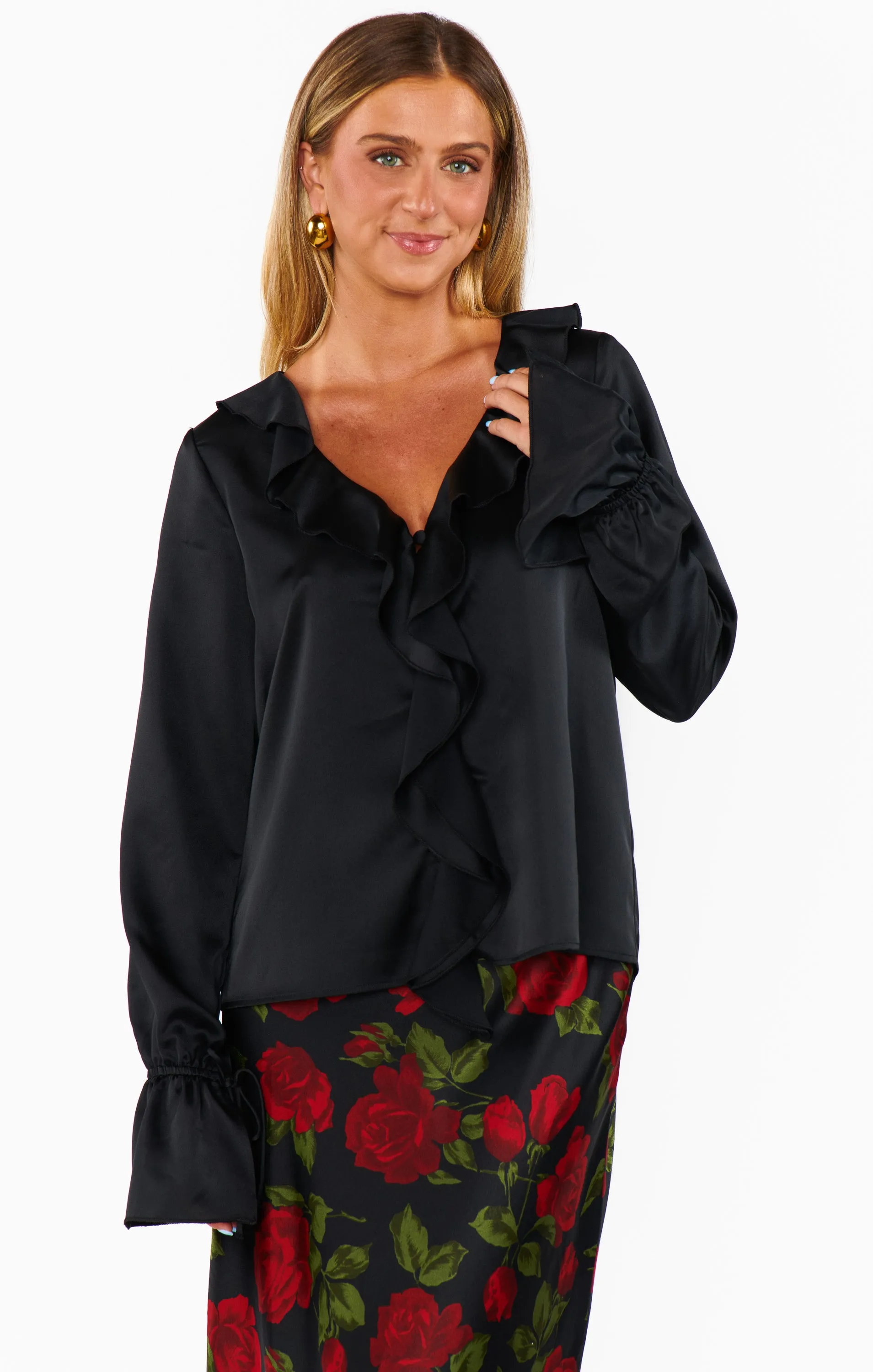 Adela Ruffle Top ~ Black Luxe Satin