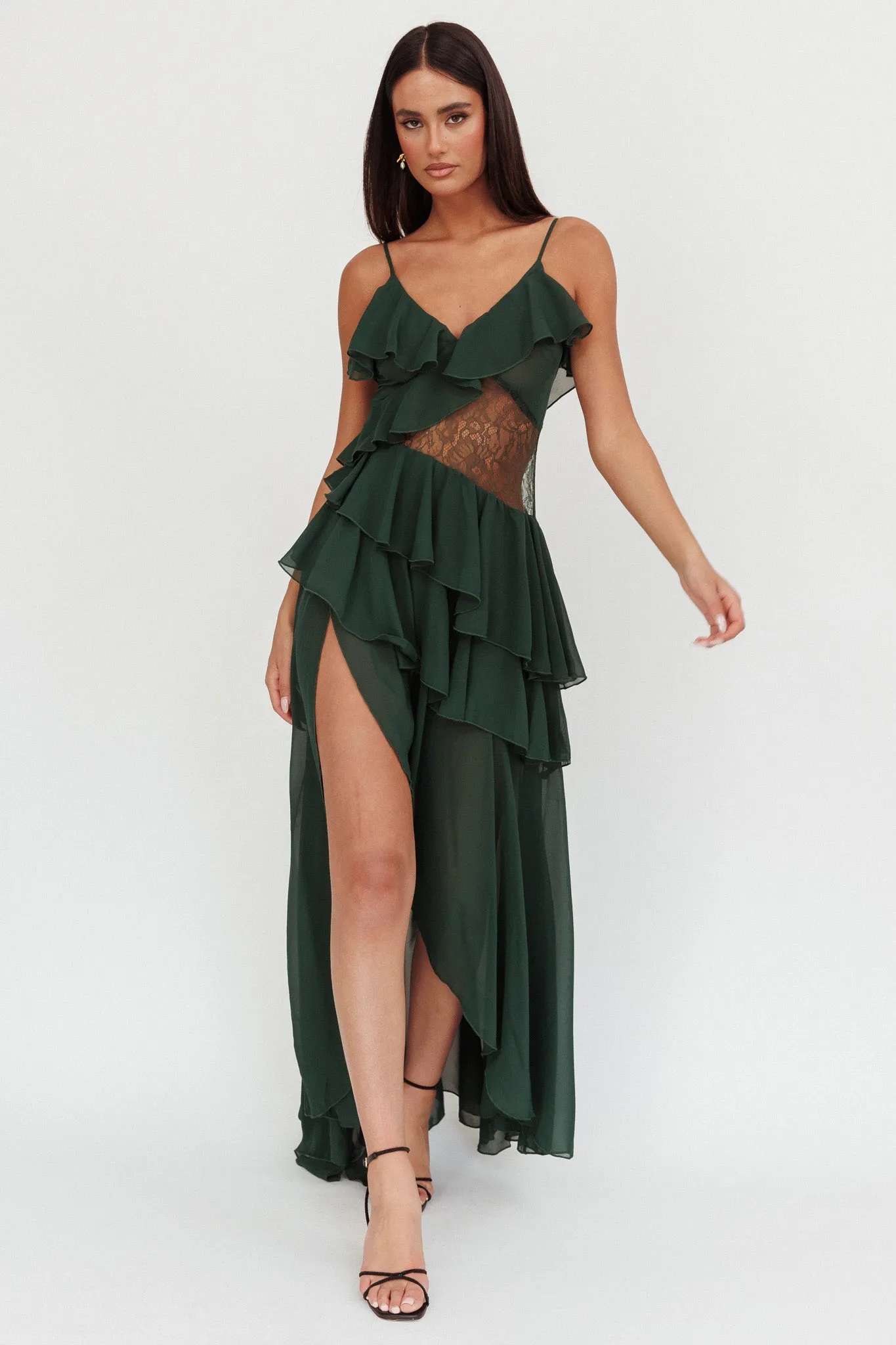 Amaretto Lace Waist Ruffle Maxi Dress Hunter Green