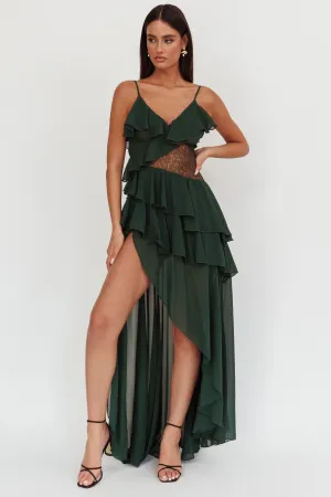 Amaretto Lace Waist Ruffle Maxi Dress Hunter Green