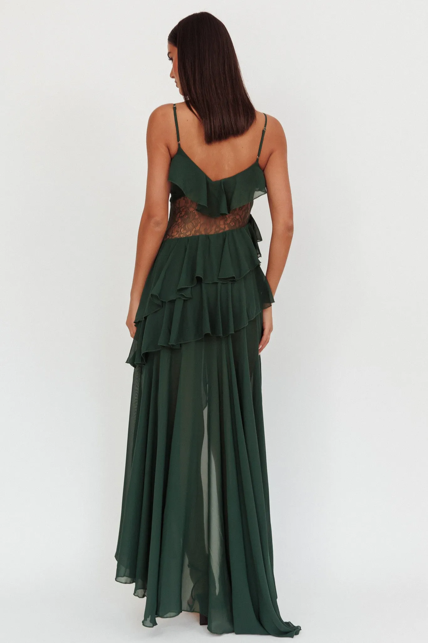 Amaretto Lace Waist Ruffle Maxi Dress Hunter Green