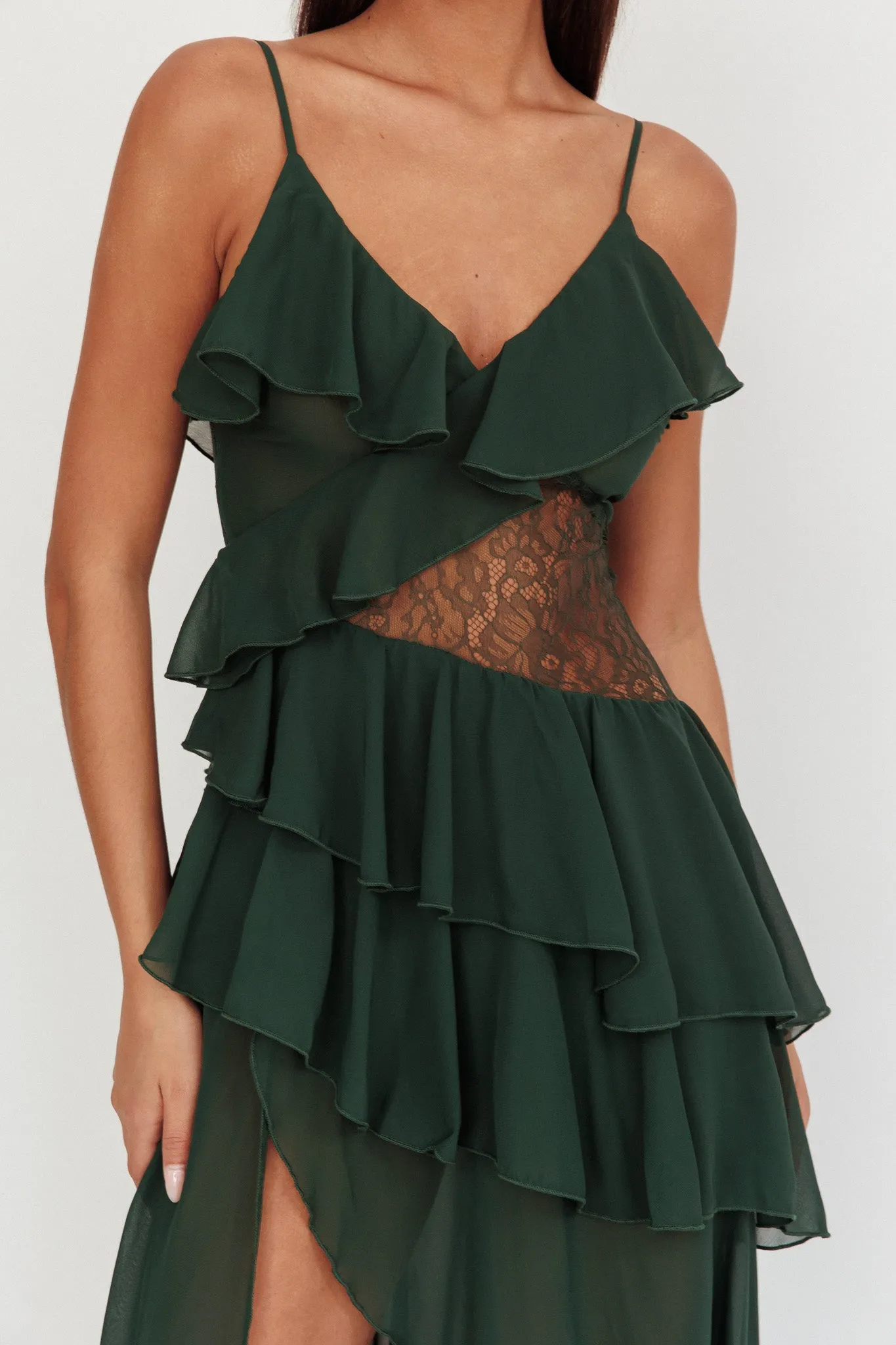 Amaretto Lace Waist Ruffle Maxi Dress Hunter Green