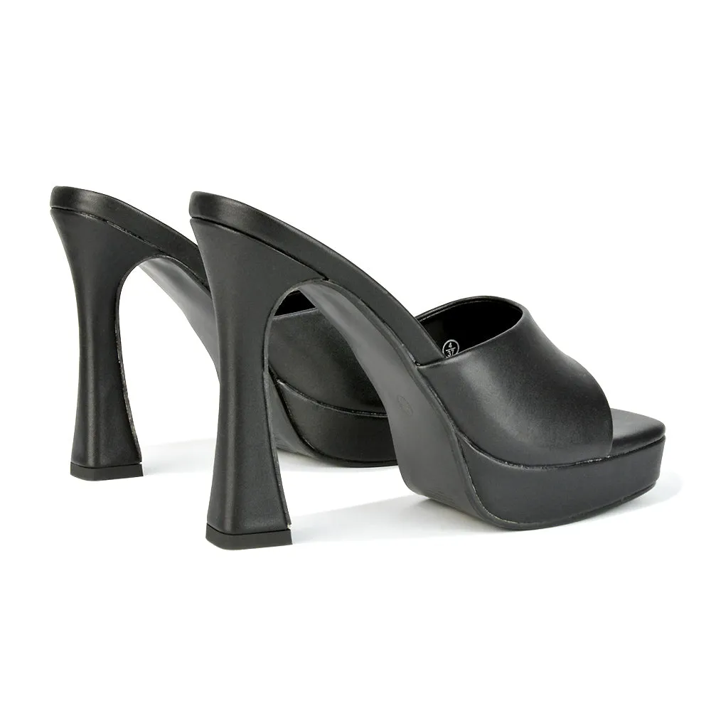 Anita Square Toe Slip on Sandal Platform High Heel Mules in Black Synthetic Leather