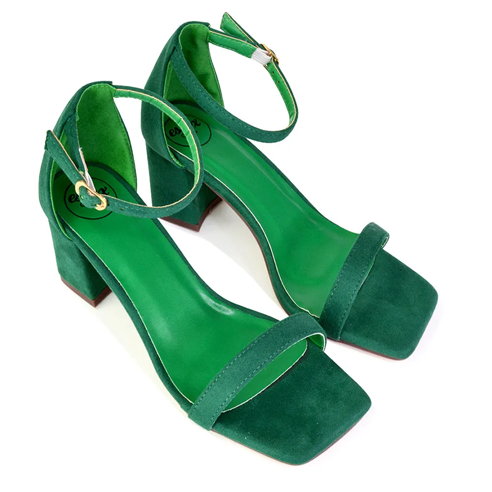 Antigoni Basic Strappy Low Mid Block Heel Square Toe Sandals in Green