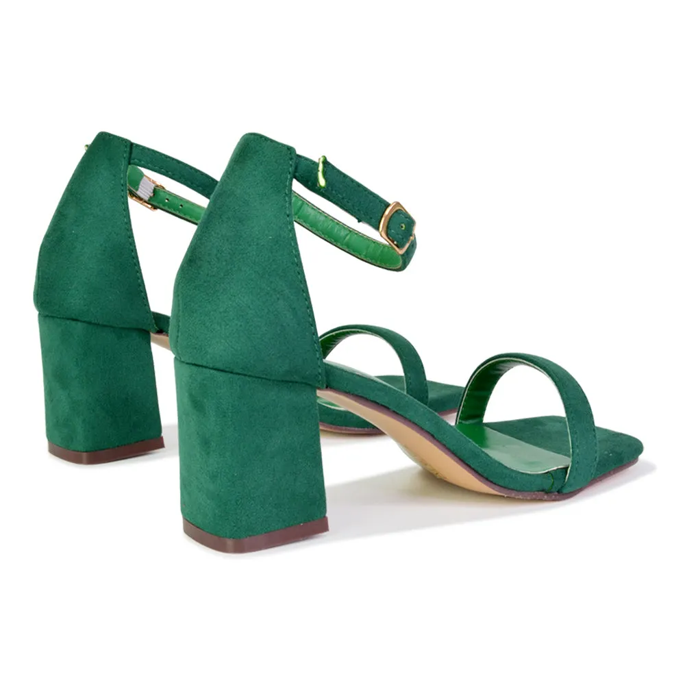 Antigoni Basic Strappy Low Mid Block Heel Square Toe Sandals in Green