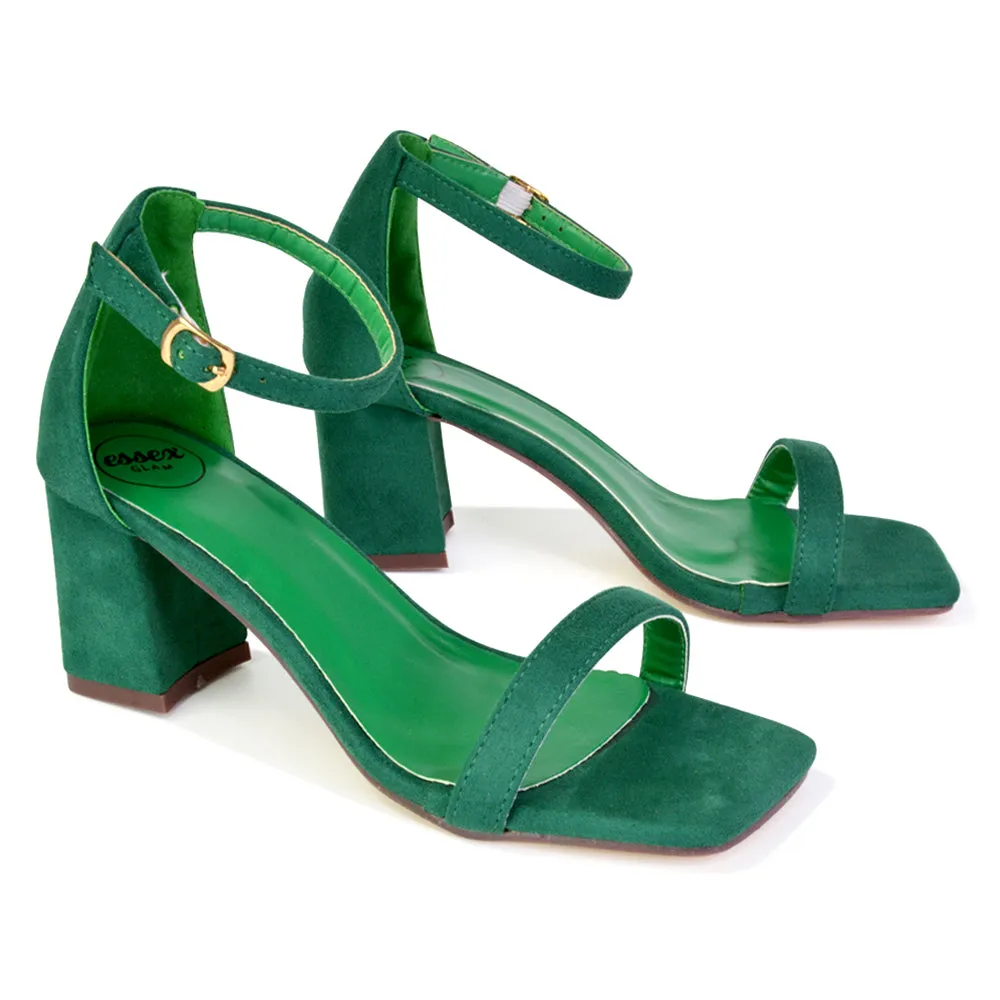 Antigoni Basic Strappy Low Mid Block Heel Square Toe Sandals in Green