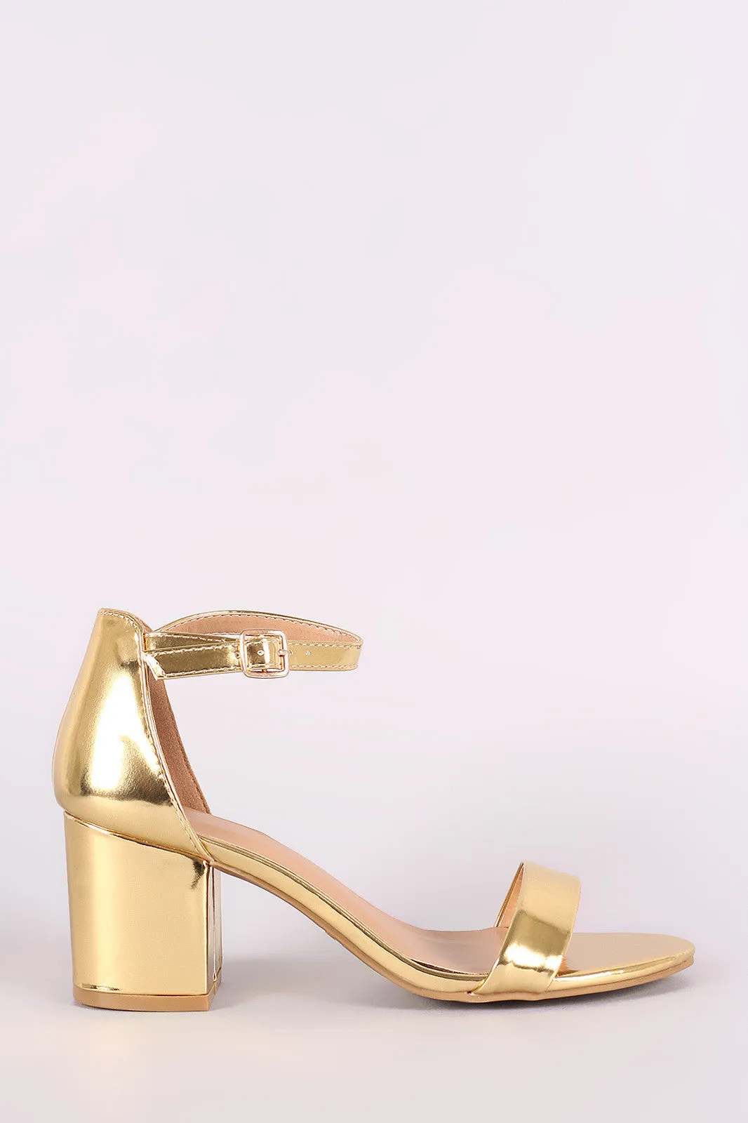 Bamboo Metallic Patent Ankle Strap Open Toe Block Heel