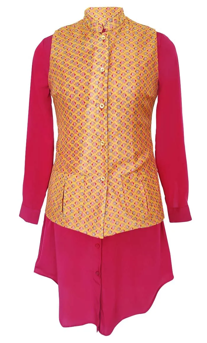 Basic Comfortable Abstract Printed Waist Coat Style Jacket With Contrasted Tunic