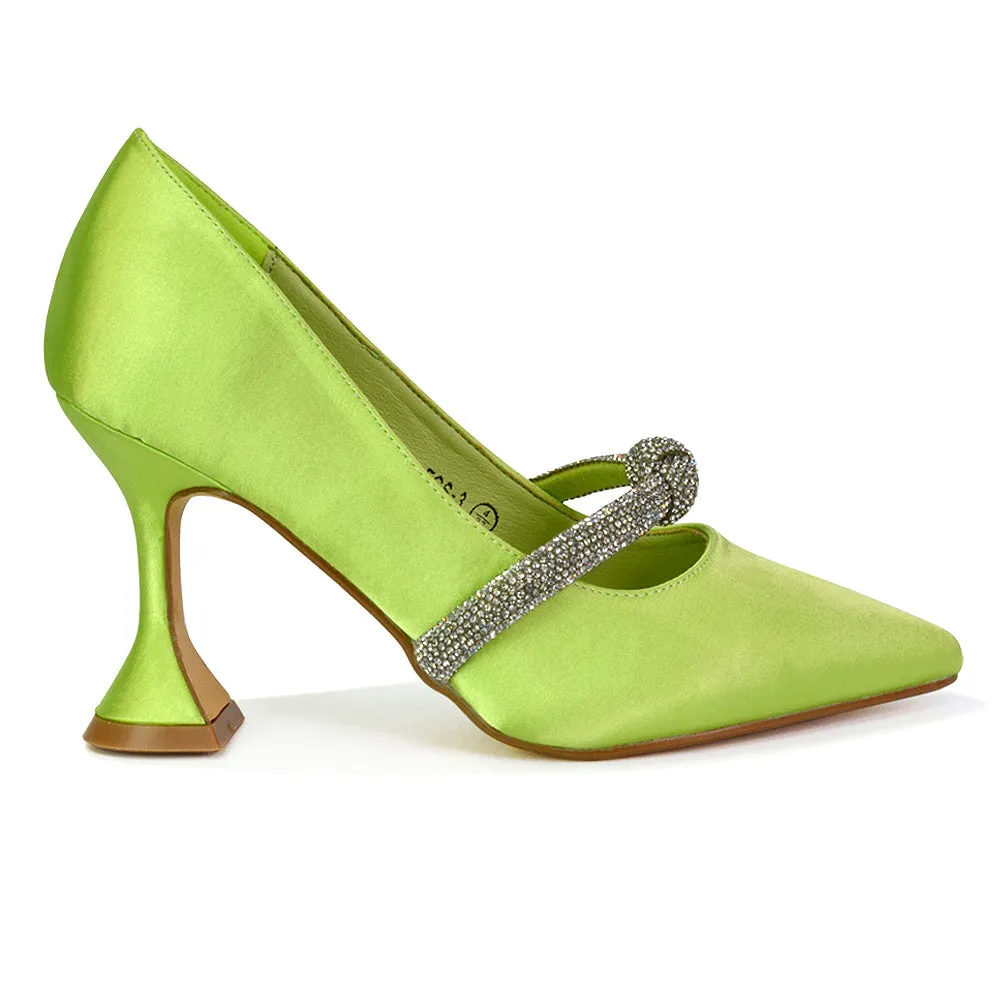 Beau Wedding Shoes Diamante Trim Satin Pointed Mid High Heel in Green