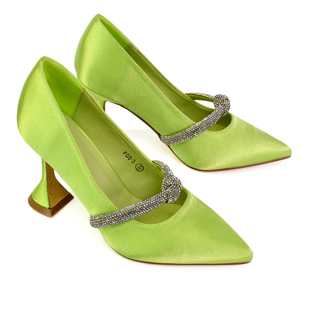 Beau Wedding Shoes Diamante Trim Satin Pointed Mid High Heel in Green