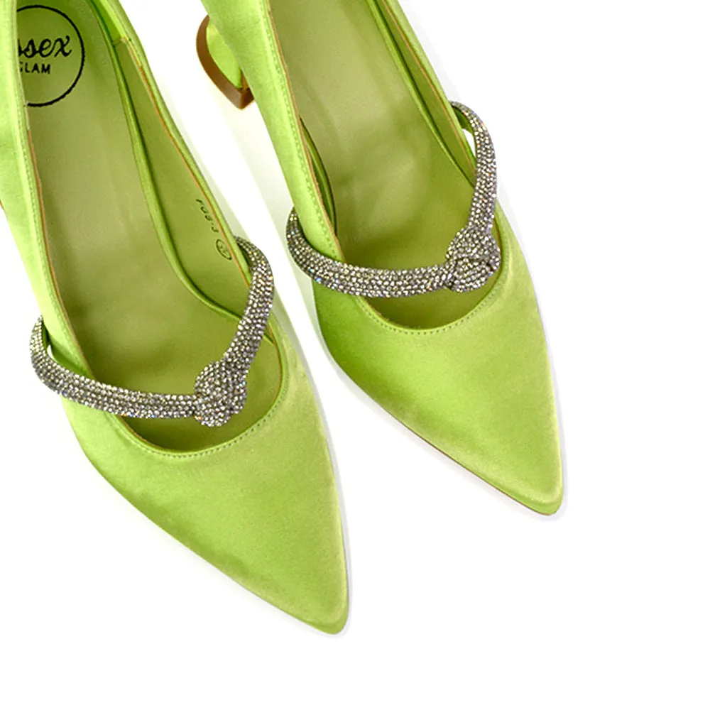 Beau Wedding Shoes Diamante Trim Satin Pointed Mid High Heel in Green