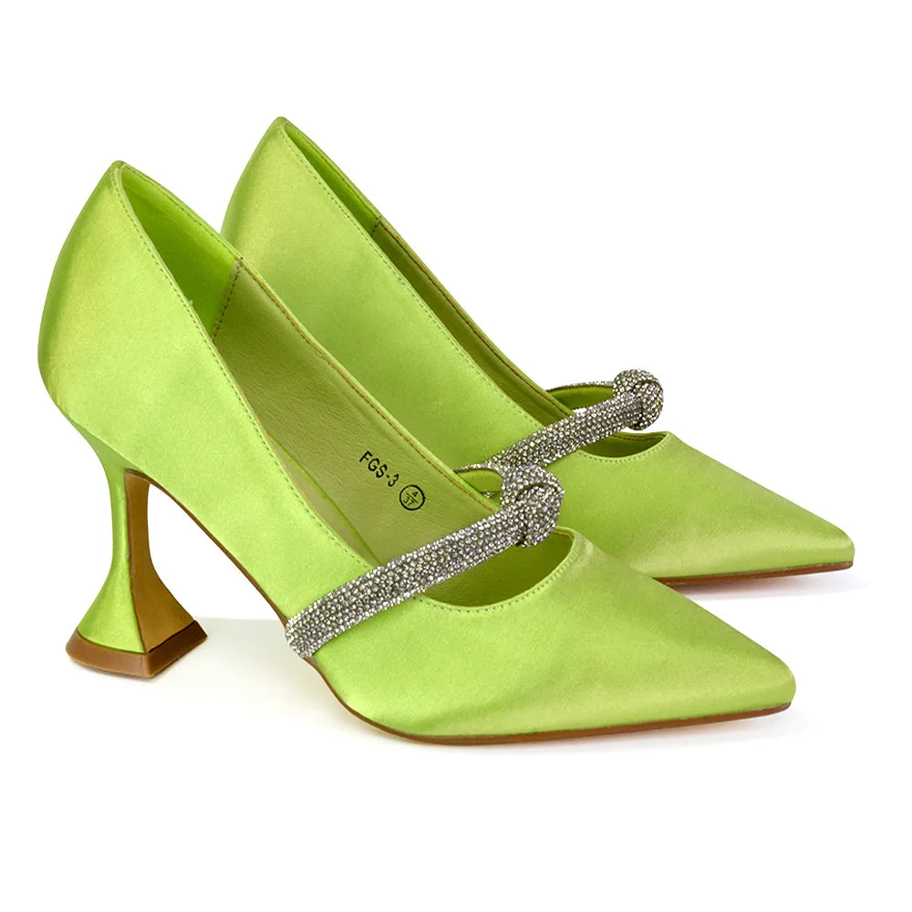 Beau Wedding Shoes Diamante Trim Satin Pointed Mid High Heel in Green