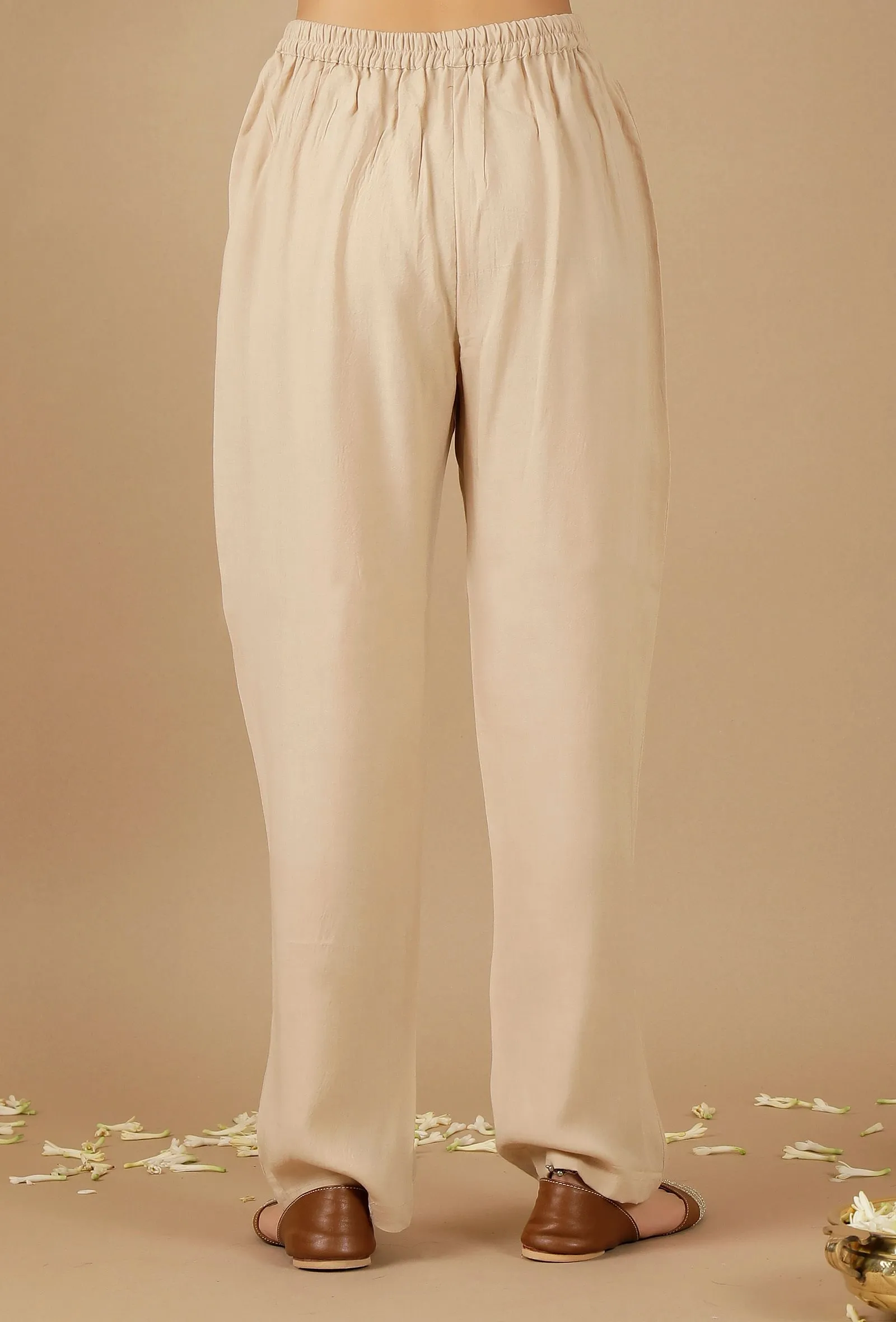 Beige Plain Rayon Straight Pants