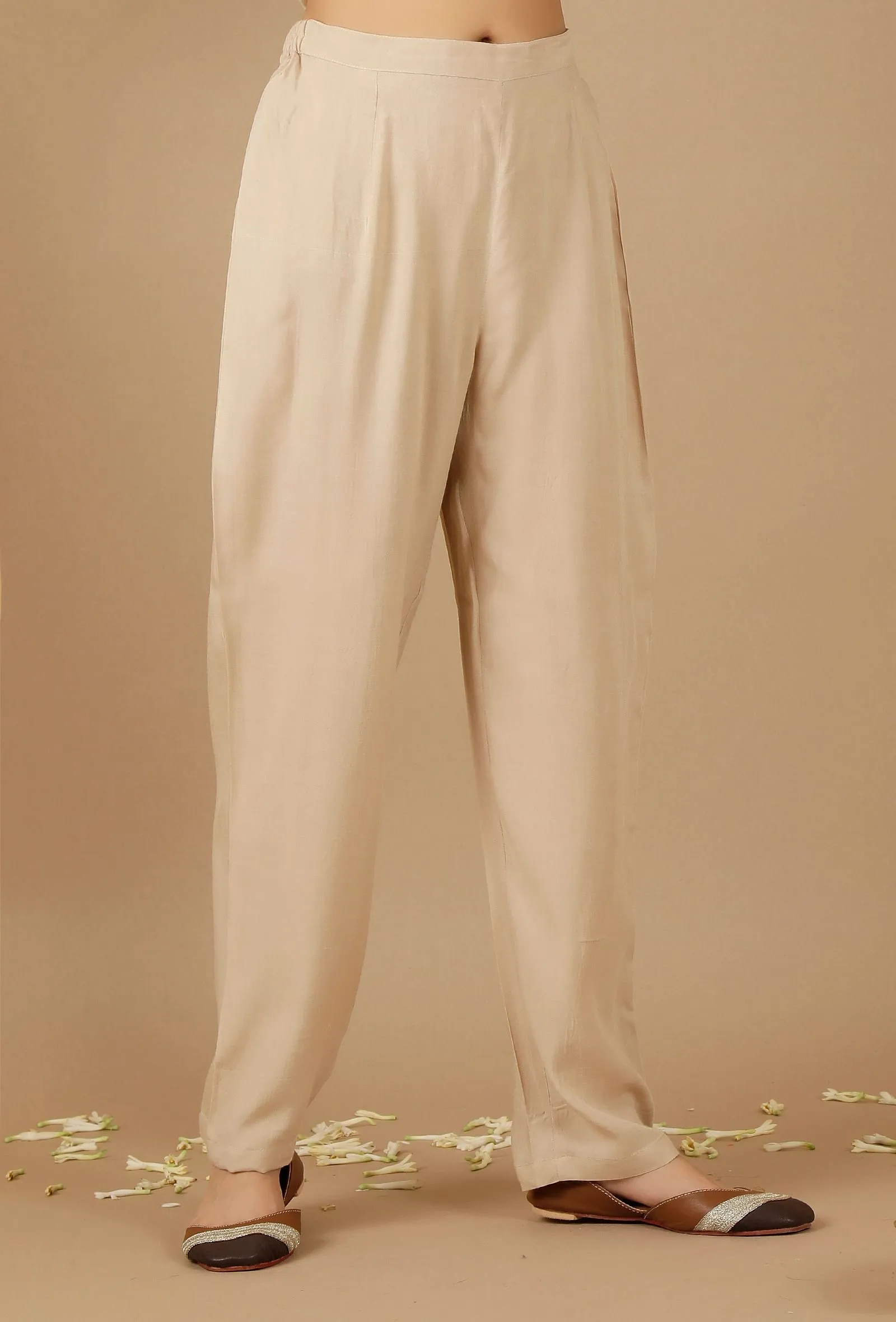 Beige Plain Rayon Straight Pants