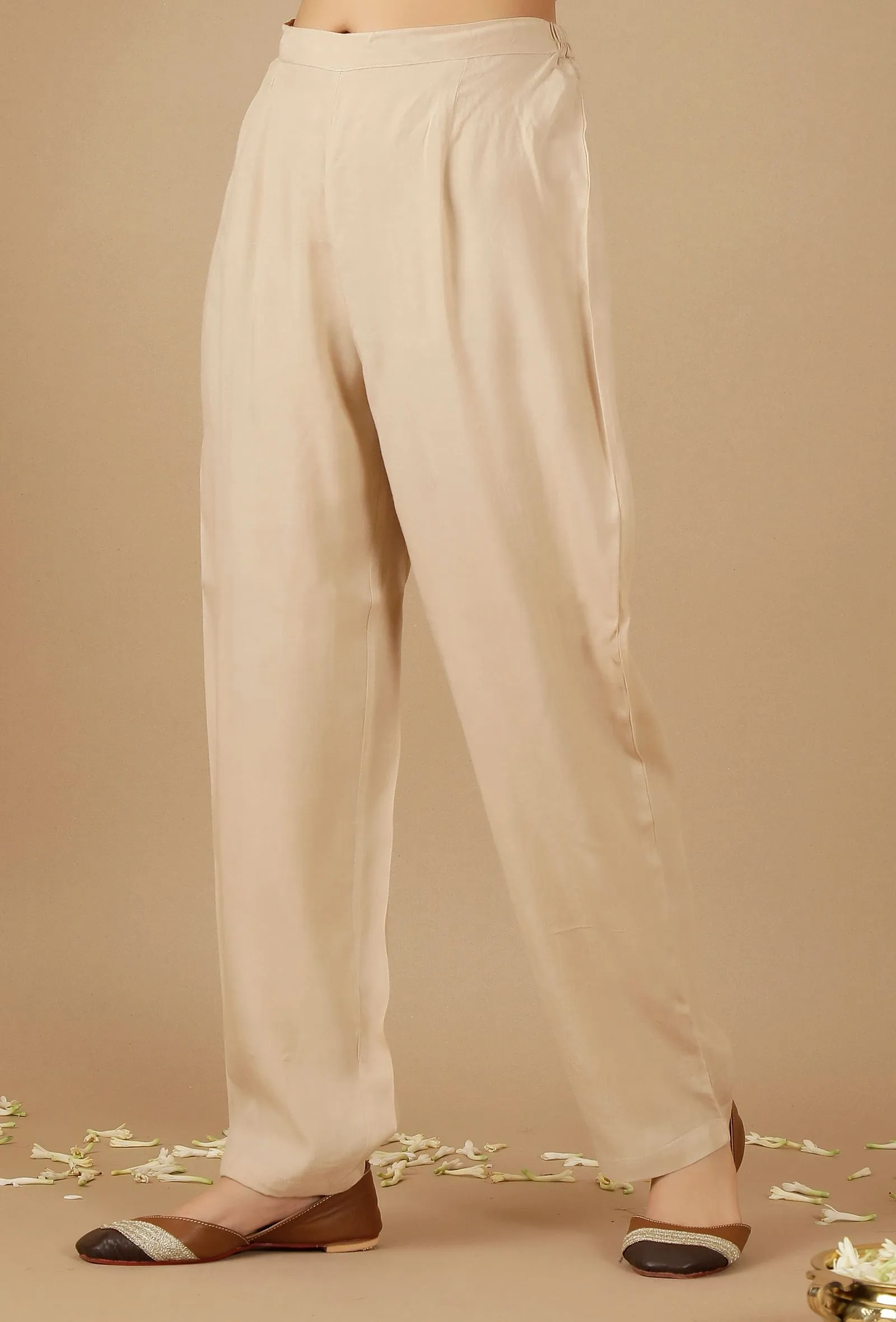 Beige Plain Rayon Straight Pants