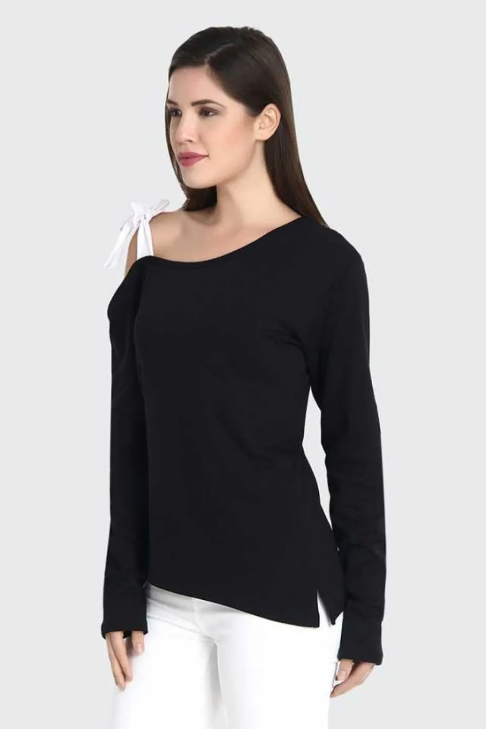 Black Full Sleeve Asymmetric Top