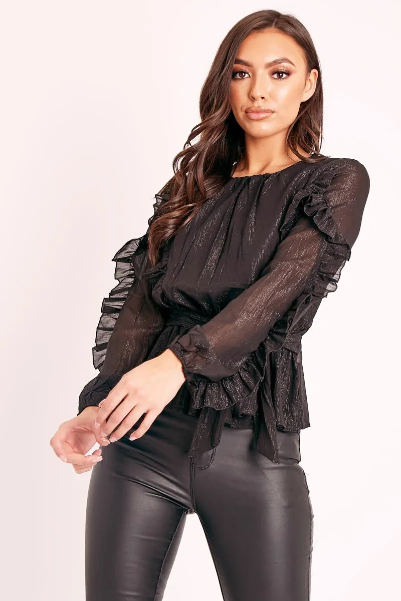 Black Ruffle Belted Waist Metallic Finish Blouse - Betsey