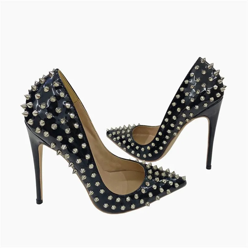 Black Studded Stiletto Low-cut Shoes with Silver Spikes