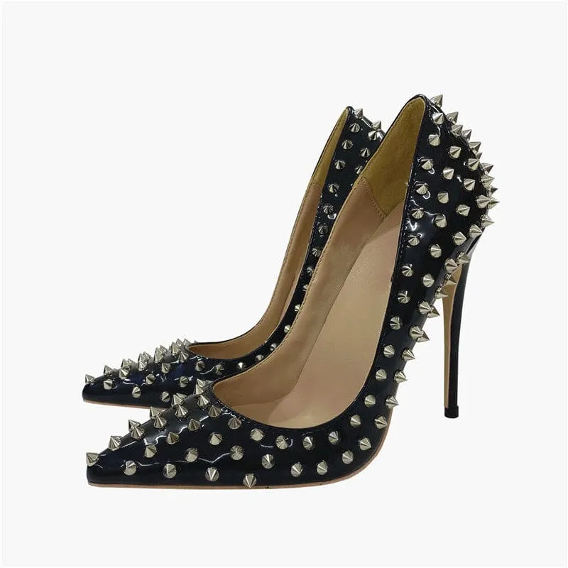 Black Studded Stiletto Low-cut Shoes with Silver Spikes