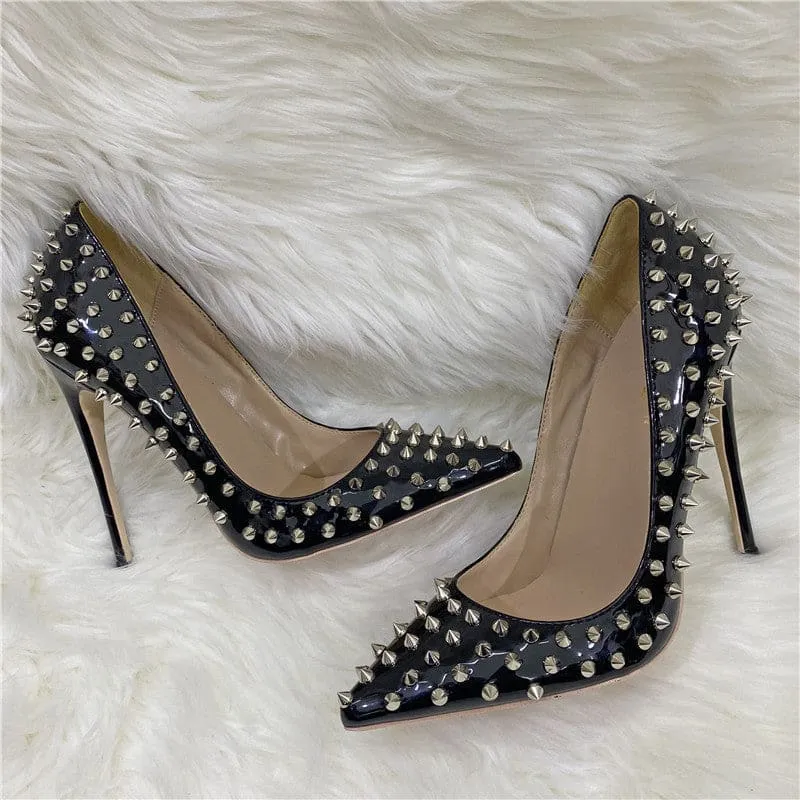 Black Studded Stiletto Low-cut Shoes with Silver Spikes