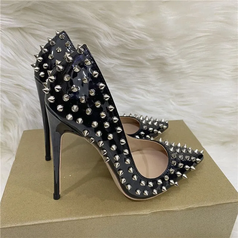 Black Studded Stiletto Low-cut Shoes with Silver Spikes