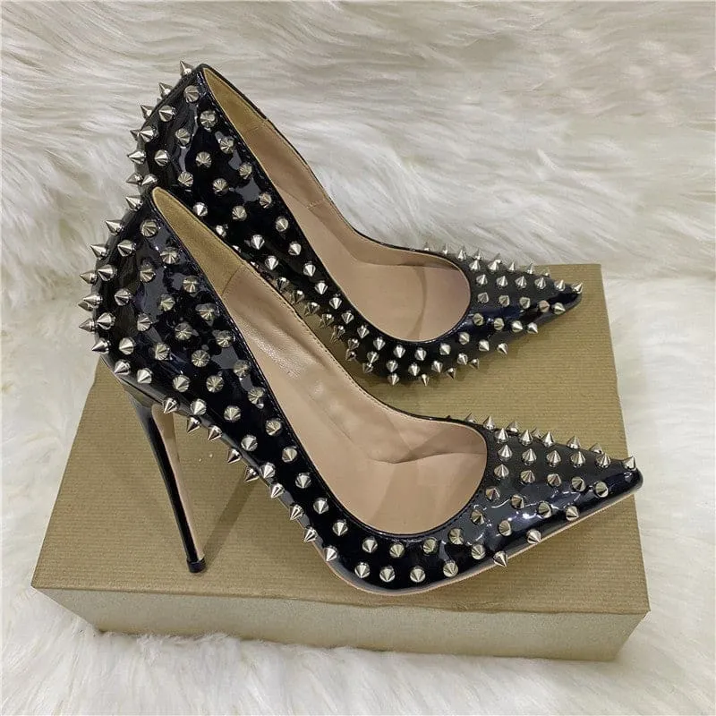 Black Studded Stiletto Low-cut Shoes with Silver Spikes