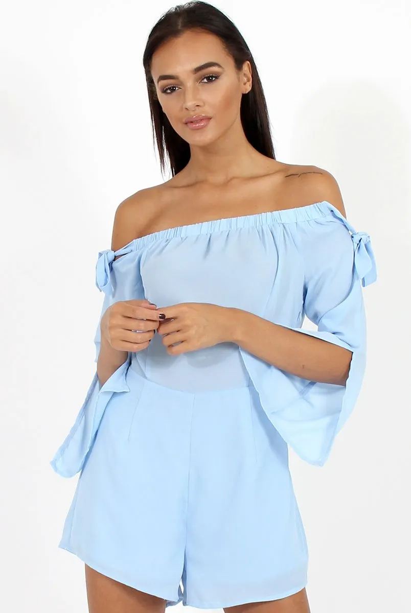 Blue Bardot Tie Sleeve Playsuit - Elisa