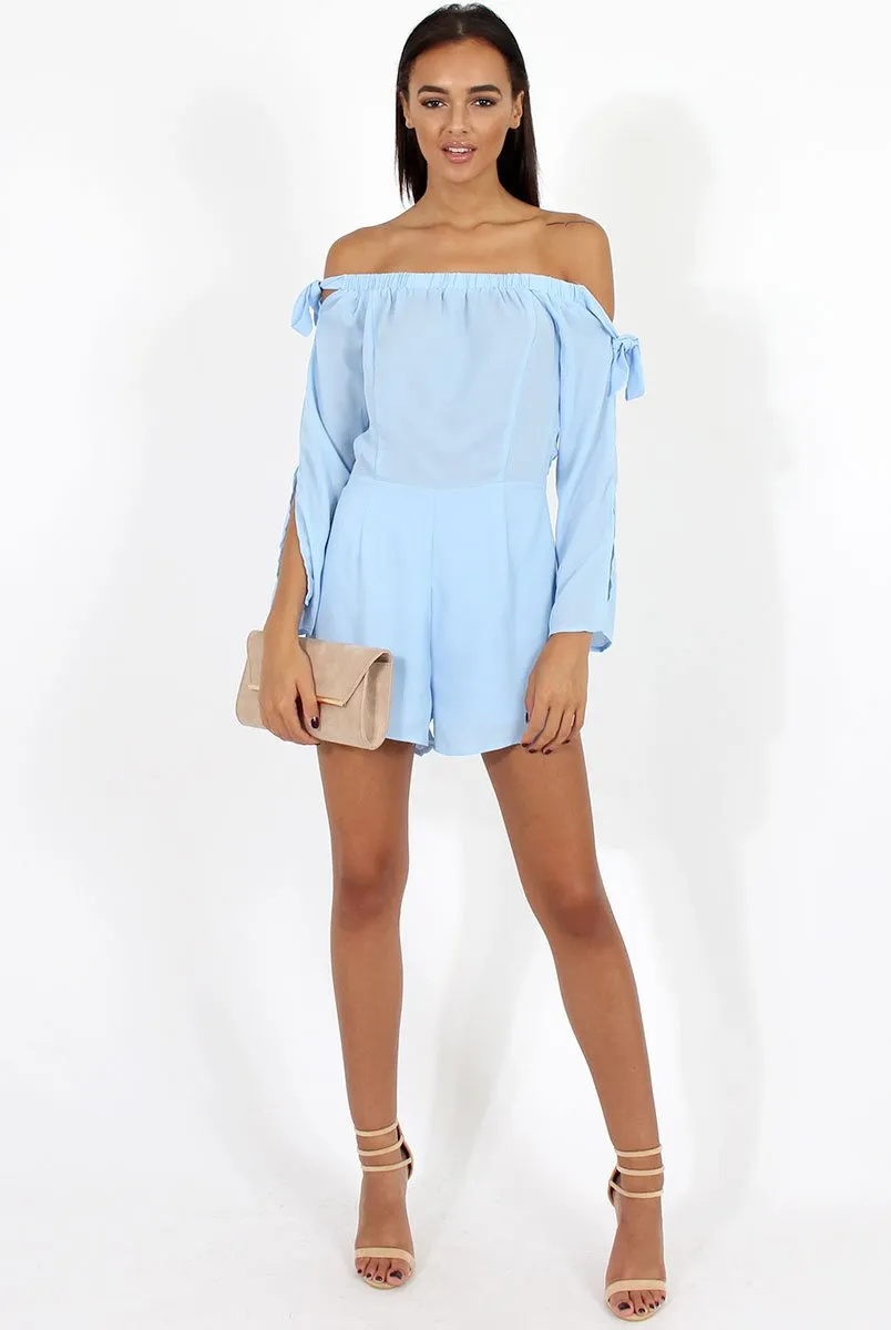 Blue Bardot Tie Sleeve Playsuit - Elisa