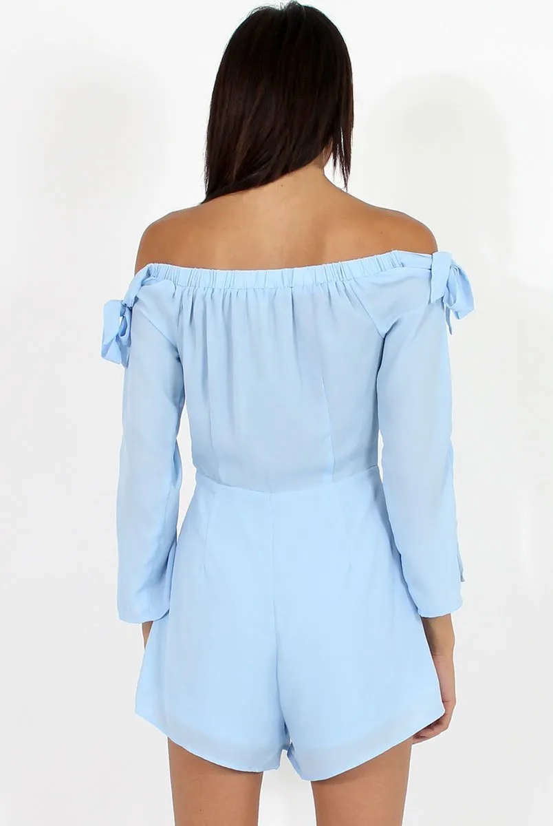 Blue Bardot Tie Sleeve Playsuit - Elisa