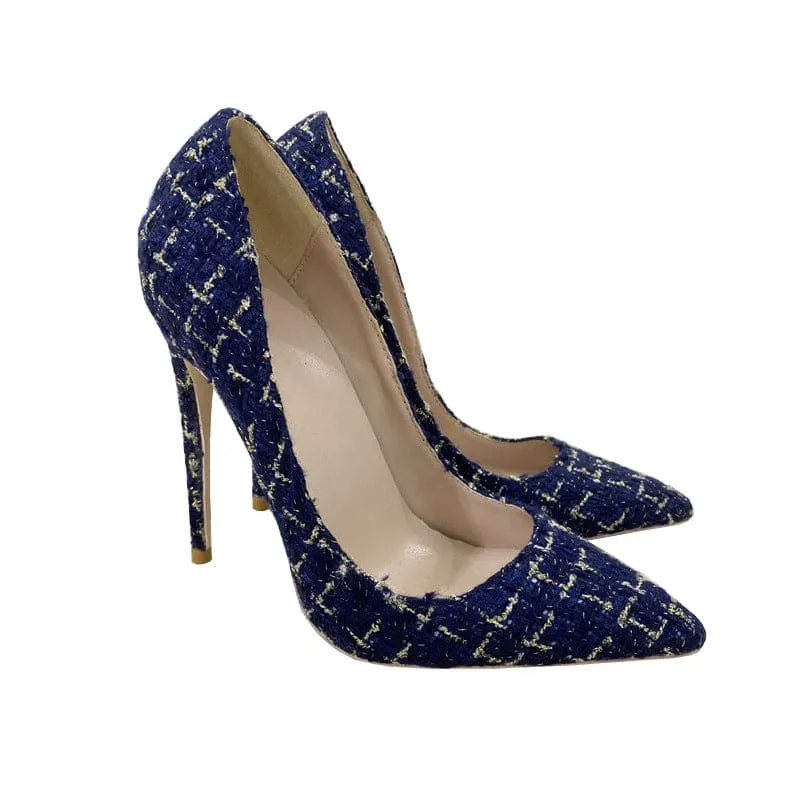 Blue Woven High Heel Stiletto Shoes with Floral Pattern