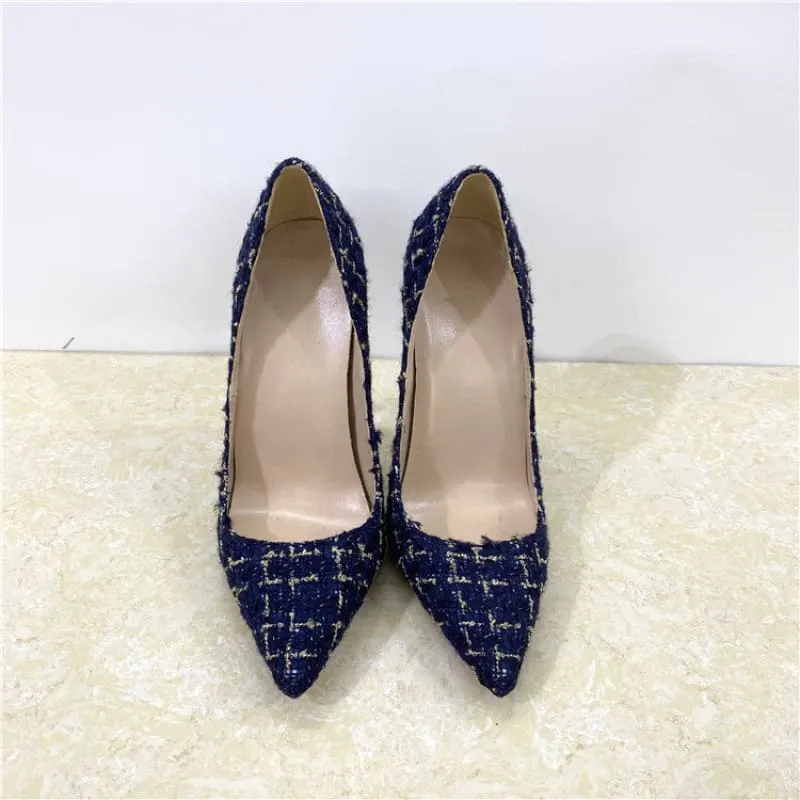 Blue Woven High Heel Stiletto Shoes with Floral Pattern