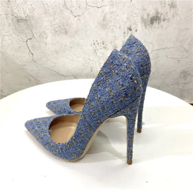 Blue Woven High Heel Stiletto Shoes with Floral Pattern