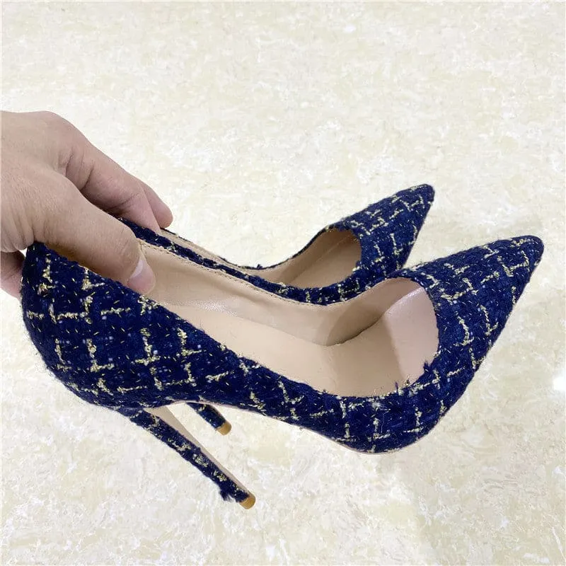 Blue Woven High Heel Stiletto Shoes with Floral Pattern