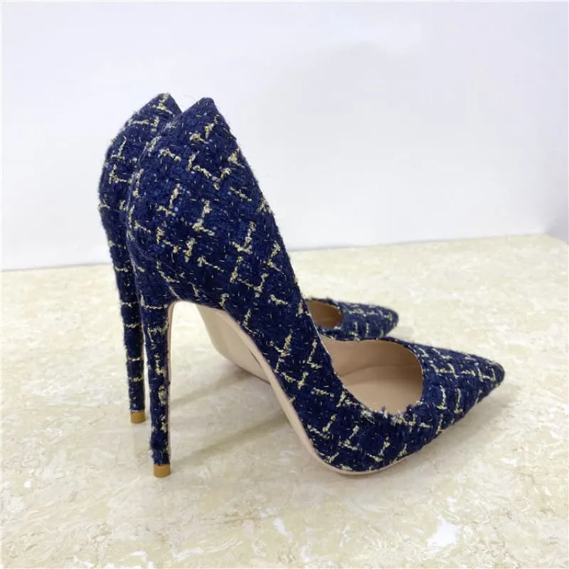 Blue Woven High Heel Stiletto Shoes with Floral Pattern