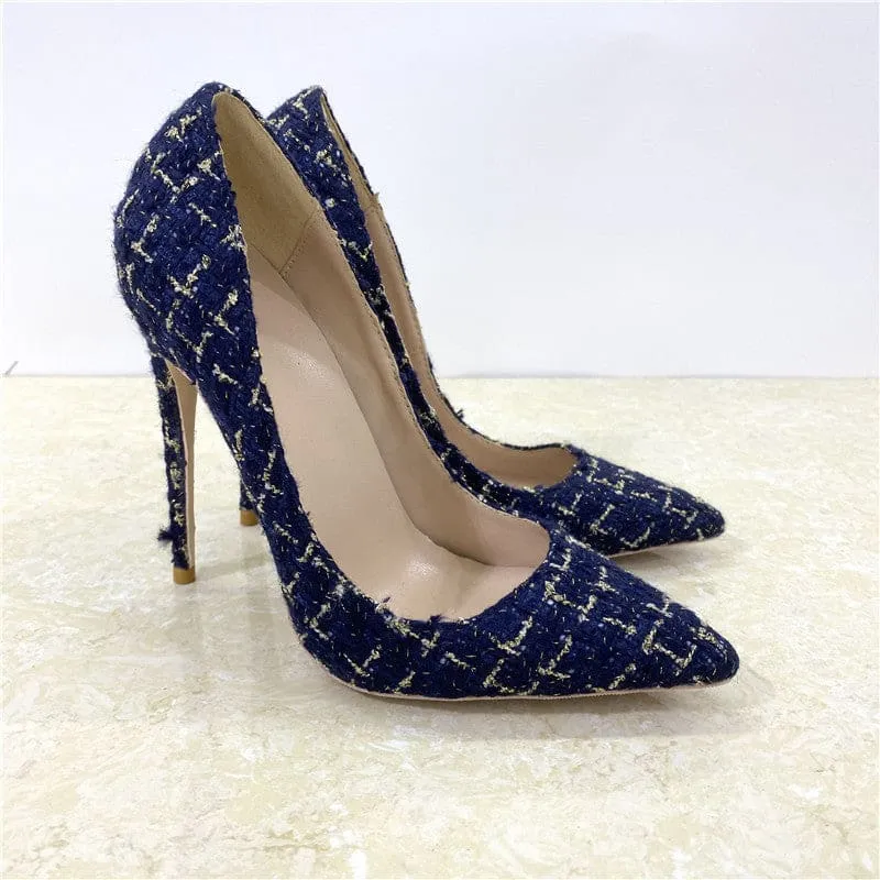 Blue Woven High Heel Stiletto Shoes with Floral Pattern