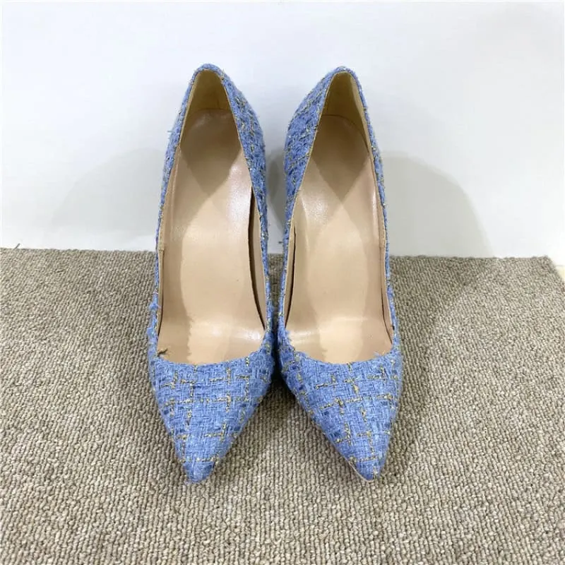 Blue Woven High Heel Stiletto Shoes with Floral Pattern