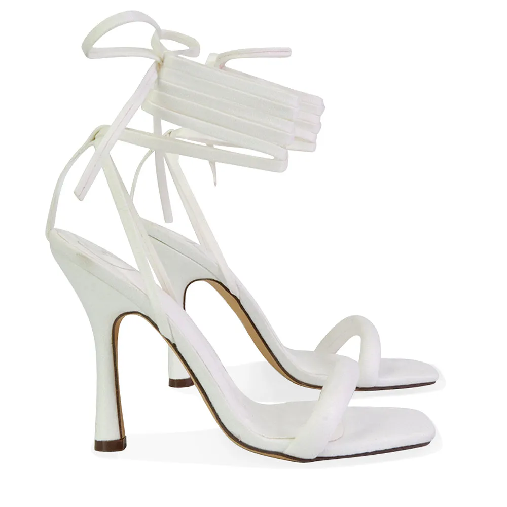 Caryn Faux Suede Lace Up Square Toe Strappy Stiletto High Heels in White