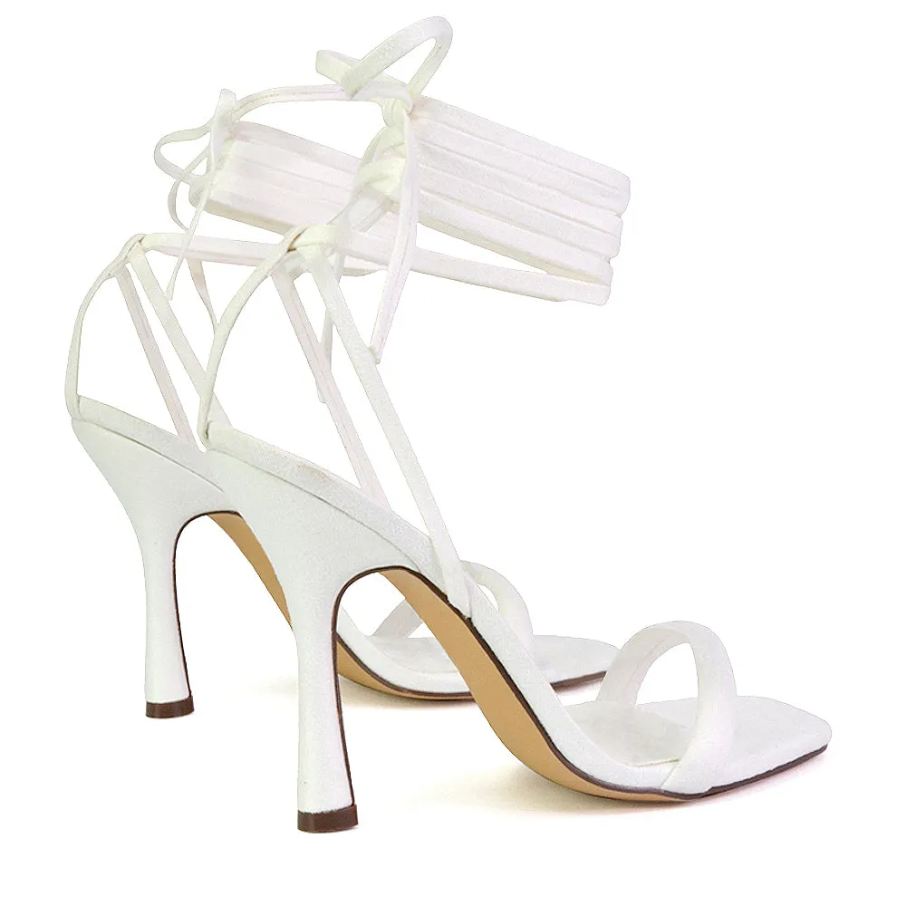 Caryn Faux Suede Lace Up Square Toe Strappy Stiletto High Heels in White