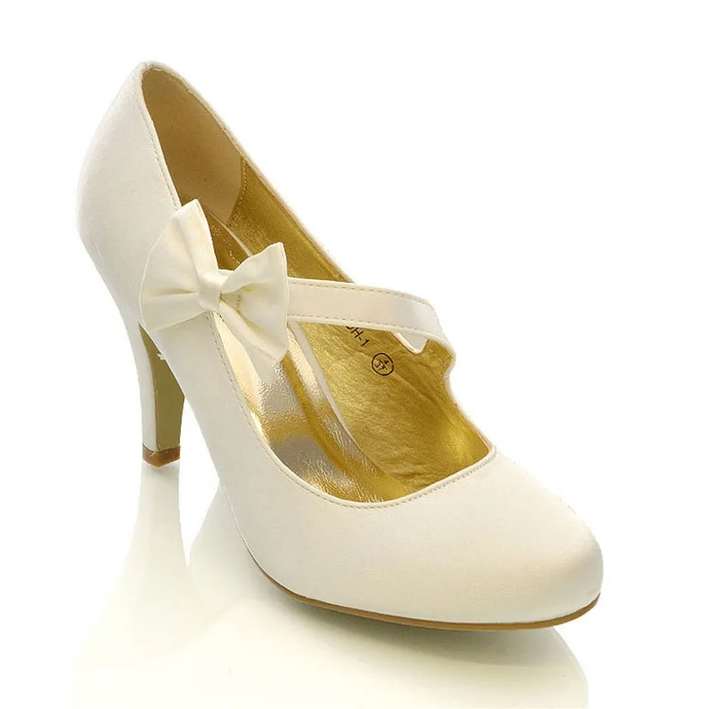 Cecilia Bow Detail Strappy Low mid Stiletto Heel Court Shoes in Ivory Satin