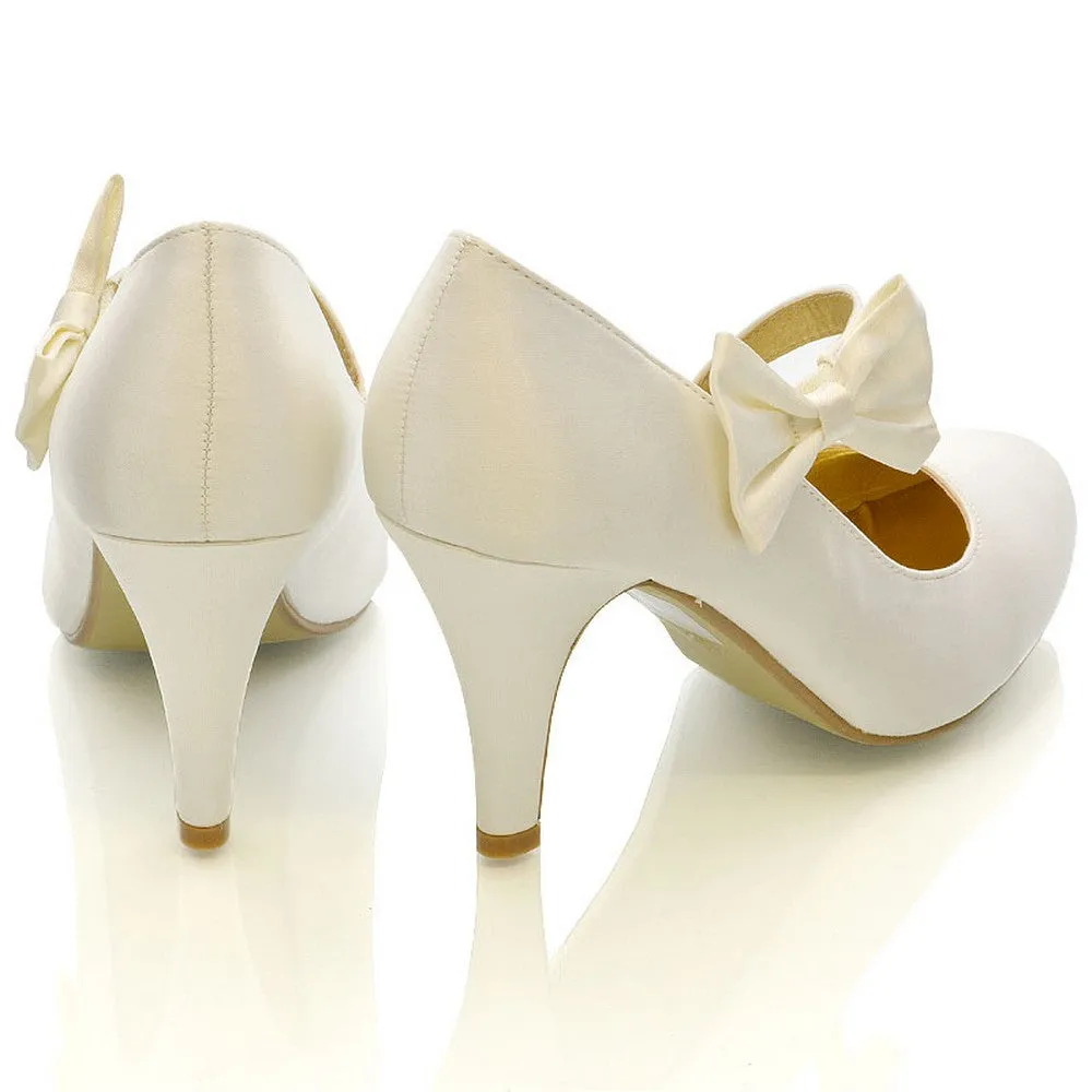 Cecilia Bow Detail Strappy Low mid Stiletto Heel Court Shoes in Ivory Satin