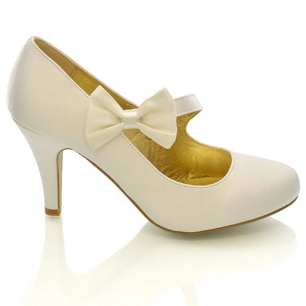 Cecilia Bow Detail Strappy Low mid Stiletto Heel Court Shoes in Ivory Satin