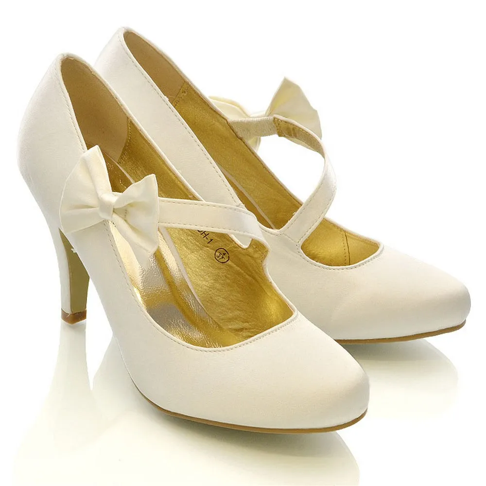 Cecilia Bow Detail Strappy Low mid Stiletto Heel Court Shoes in Ivory Satin