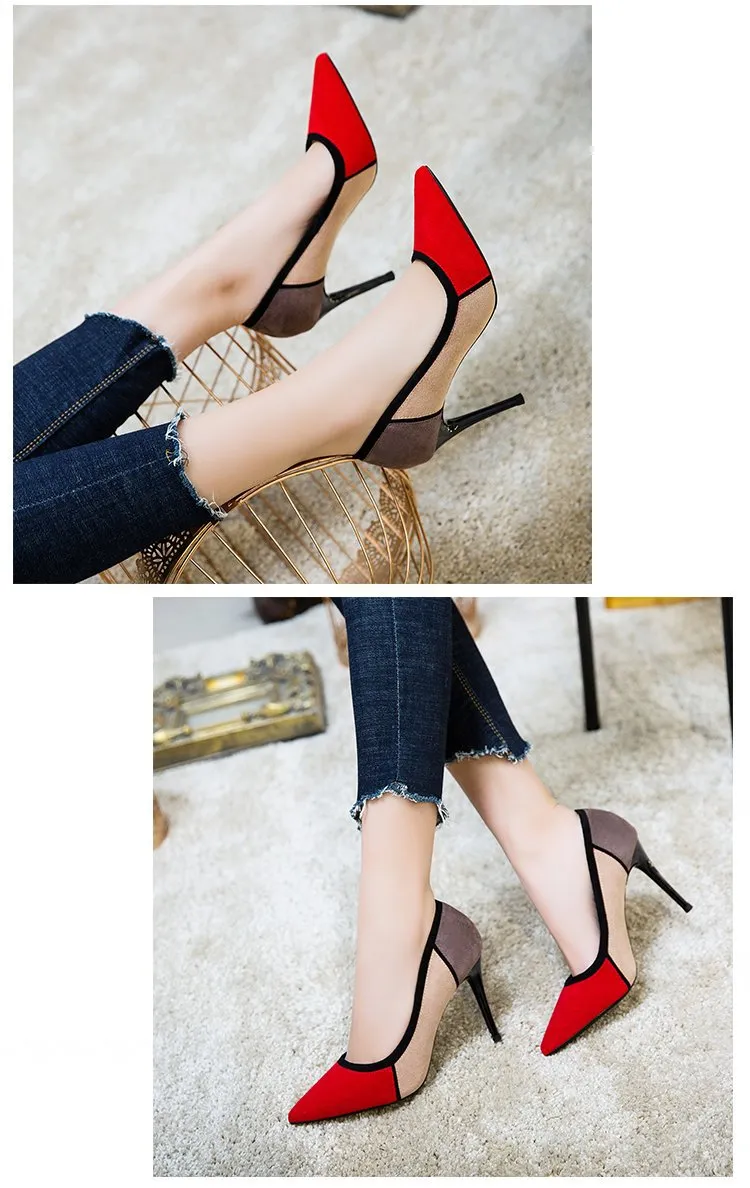 Color Block Round Toe Low Cut High Heels