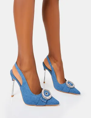 Confession Blue Denim Diamante Broach Detail Slingback Court Shoes