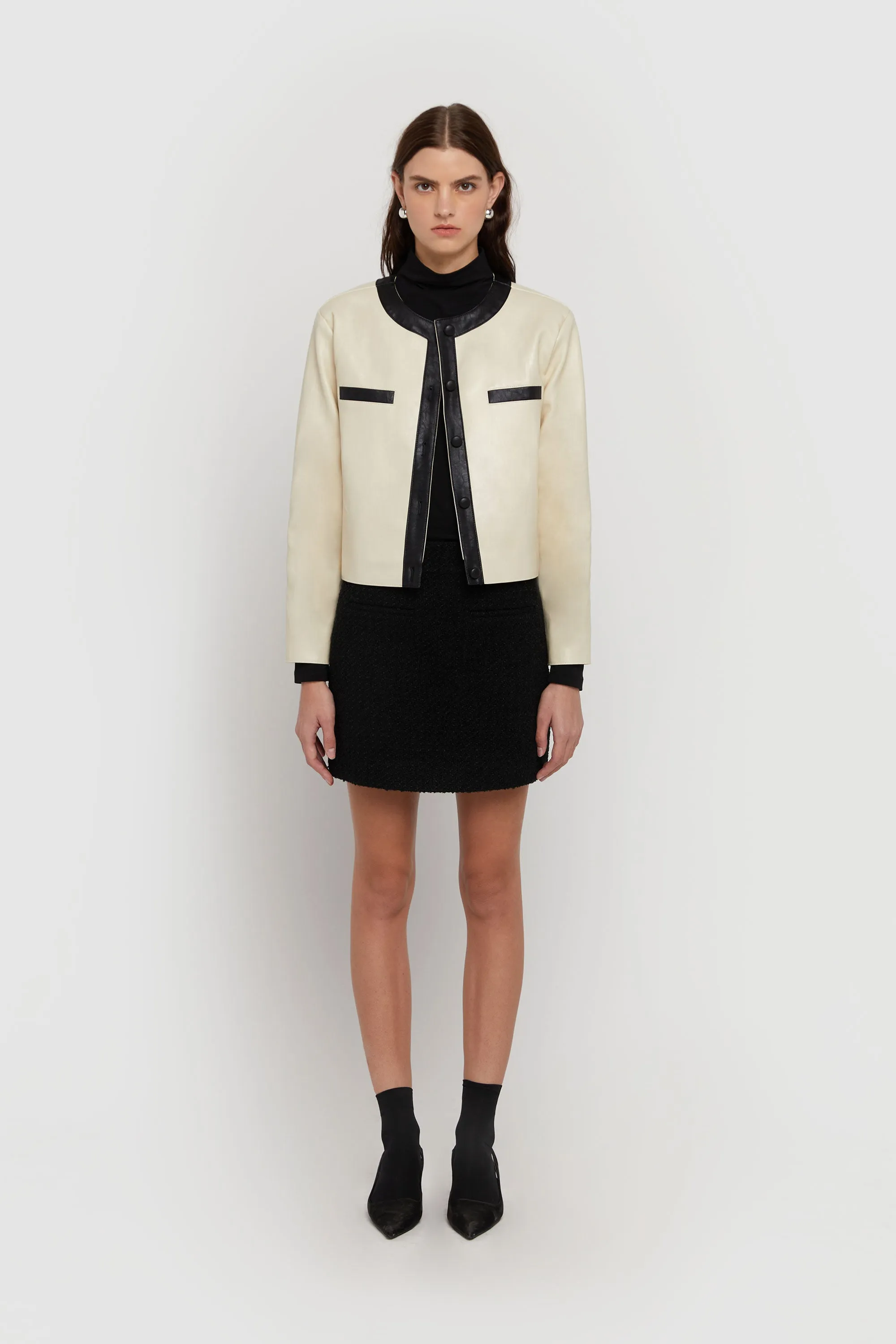 CONTRAST TRIM VEGAN LEATHER JACKET