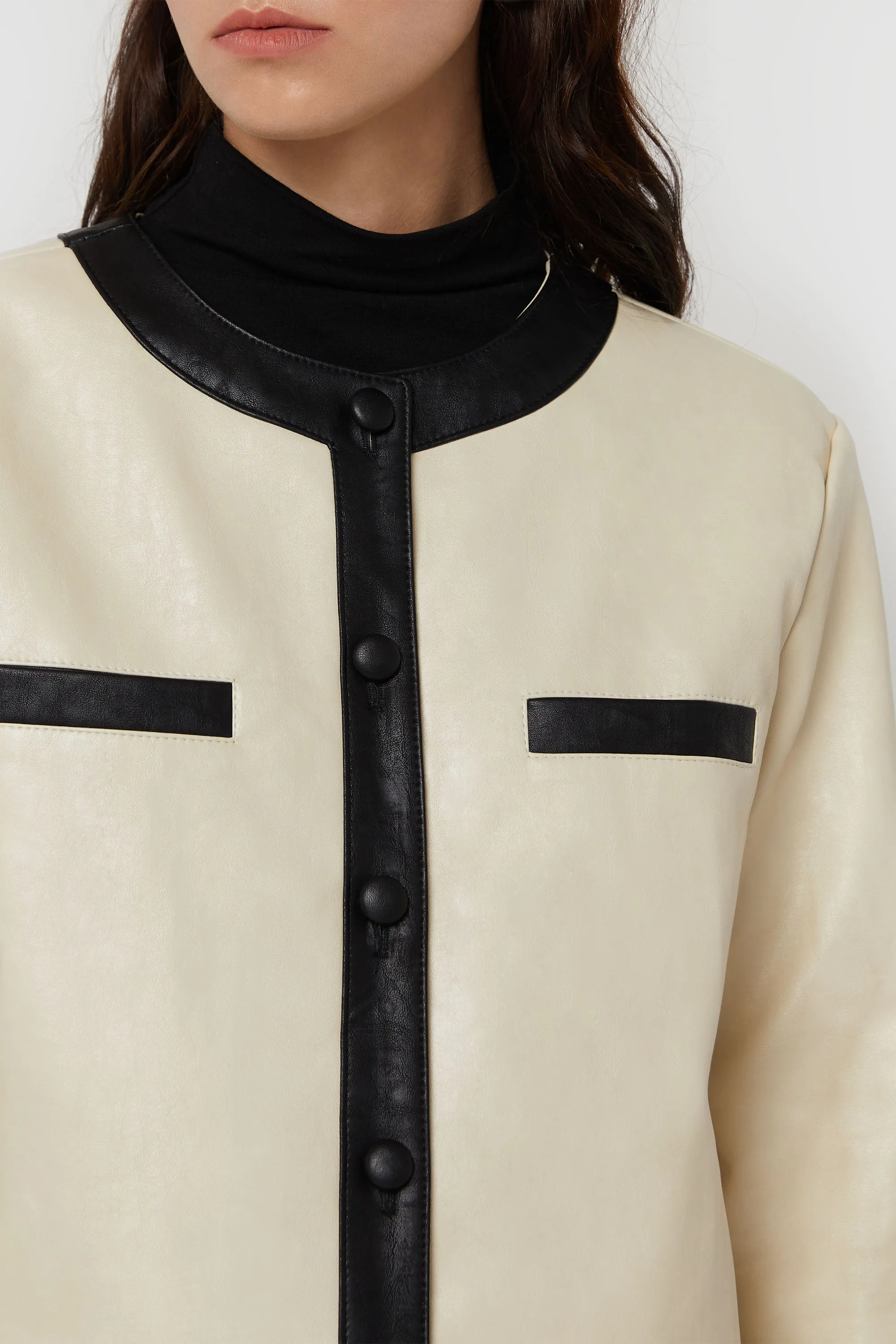 CONTRAST TRIM VEGAN LEATHER JACKET