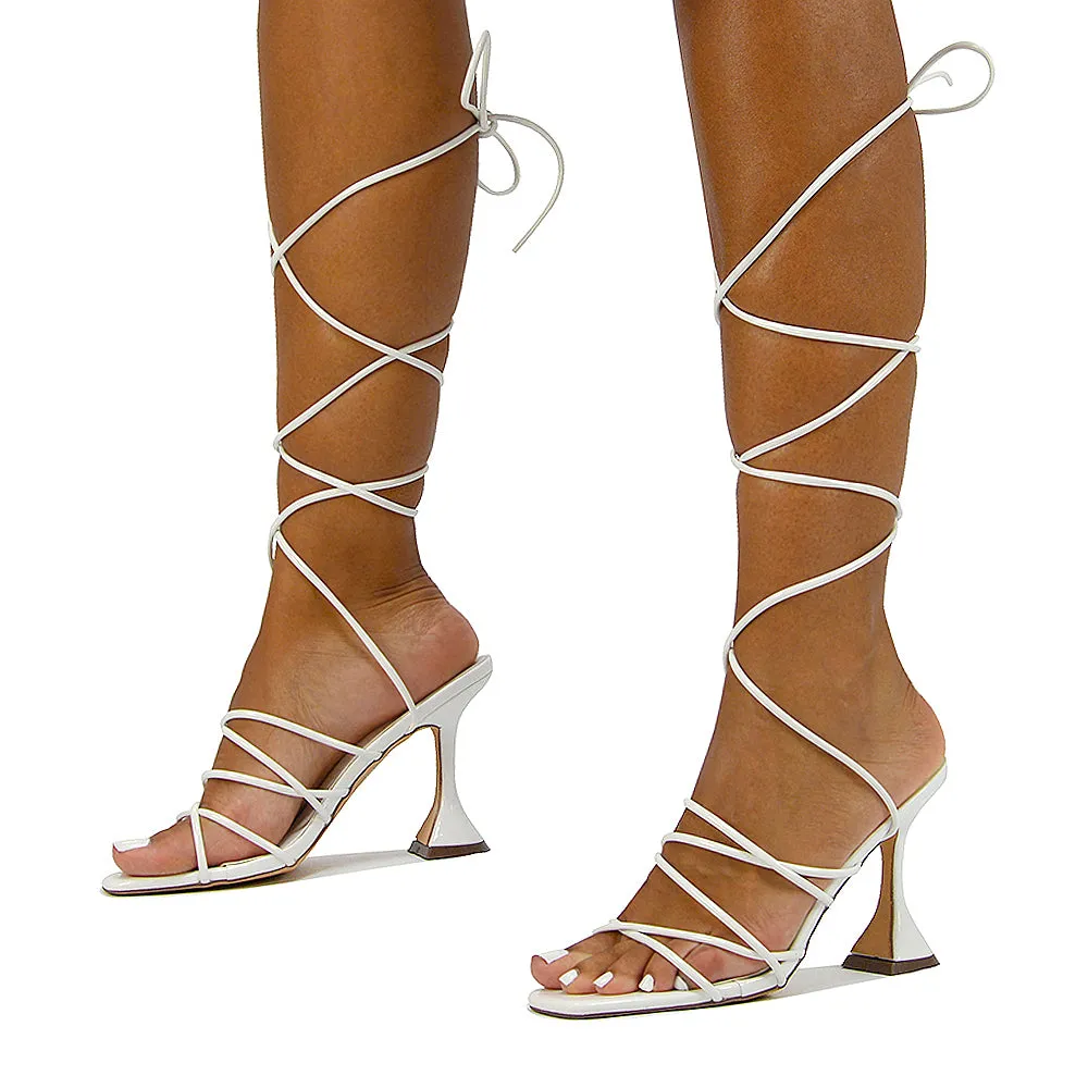 Dakota Lace Up Sculptured Strappy Square Toe Party High Heel Sandals in Black Patent