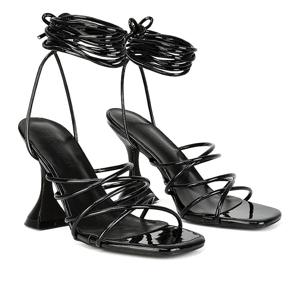 Dakota Lace Up Sculptured Strappy Square Toe Party High Heel Sandals in Black Patent