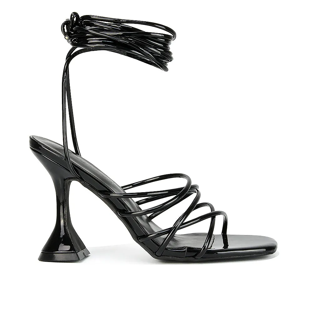 Dakota Lace Up Sculptured Strappy Square Toe Party High Heel Sandals in Black Patent