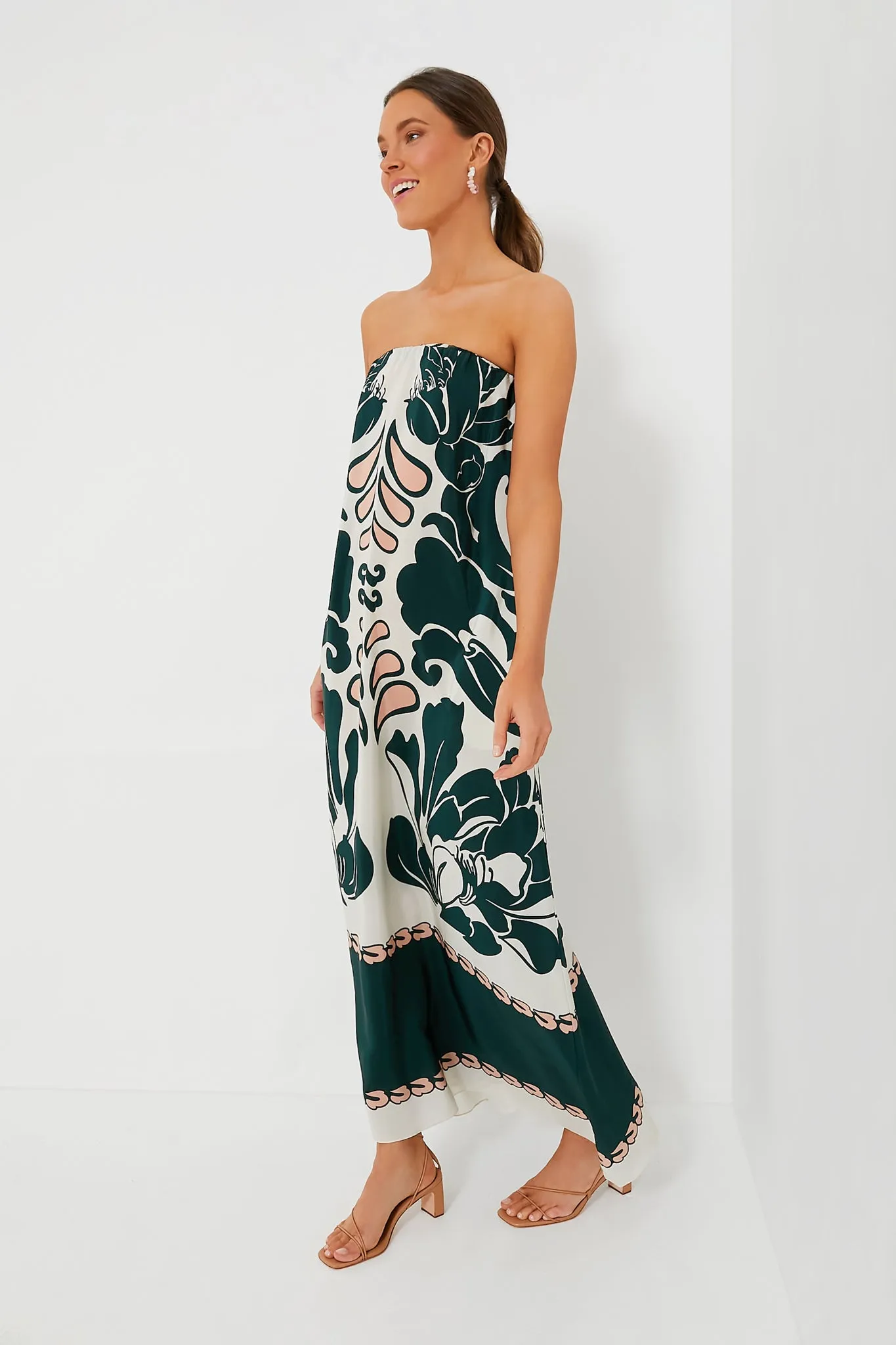 Dark Green Spray of Flowers Strapless Long Dress